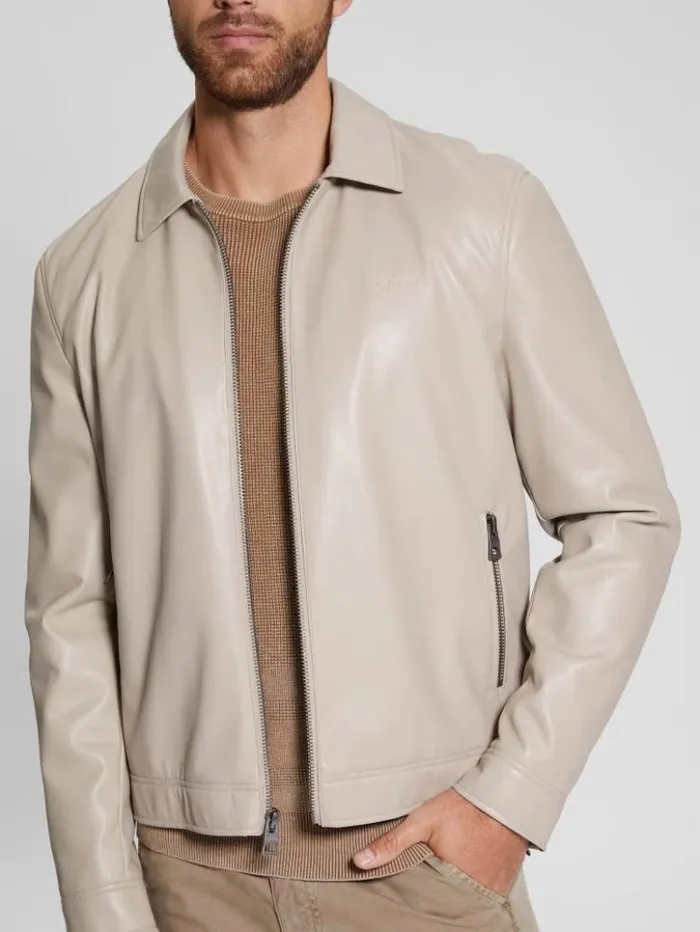 Men GUESS Jackets and Coats District FauxLeather Zip Jacket Pasadena Stone Multi Men GUESS Jackets and Coats District FauxLeather Zip Jacket Pasadena Stone Multi