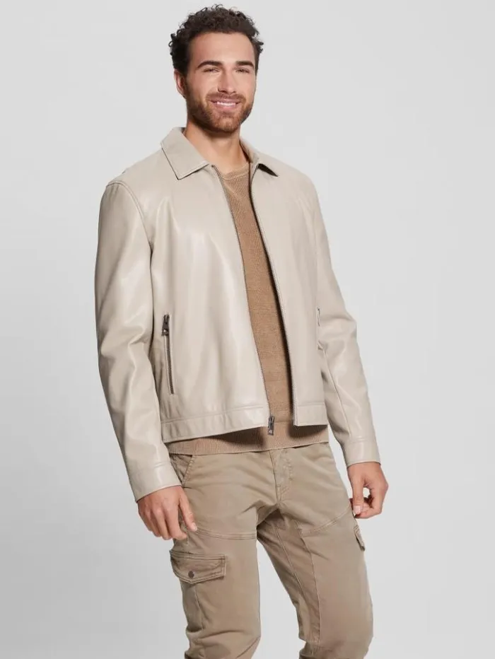 Men GUESS Jackets and Coats District FauxLeather Zip Jacket Pasadena Stone Multi Men GUESS Jackets and Coats District FauxLeather Zip Jacket Pasadena Stone Multi