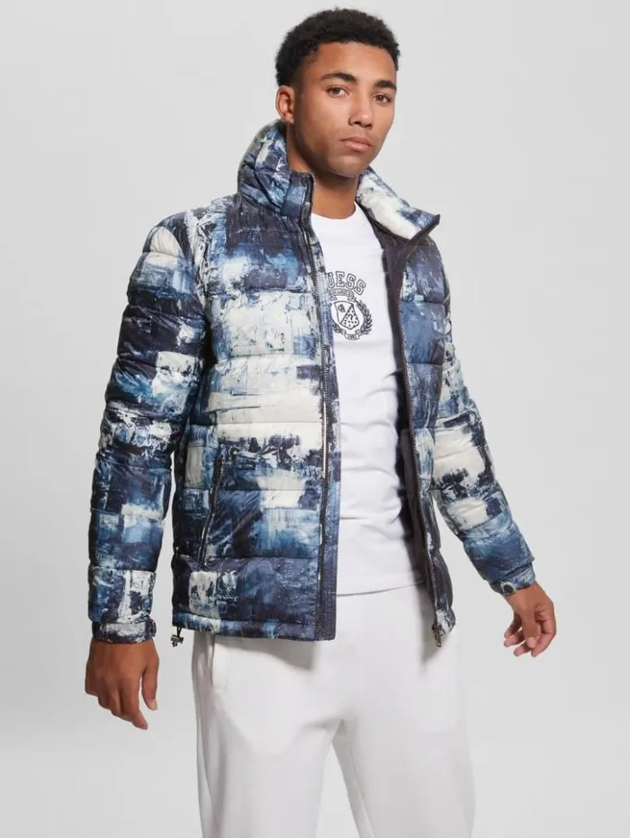 Men GUESS Jackets and Coats Eco UltraLightweight Puffer Jacket Blue Paint Aop Print Men GUESS Jackets and Coats Eco UltraLightweight Puffer Jacket Blue Paint Aop Print