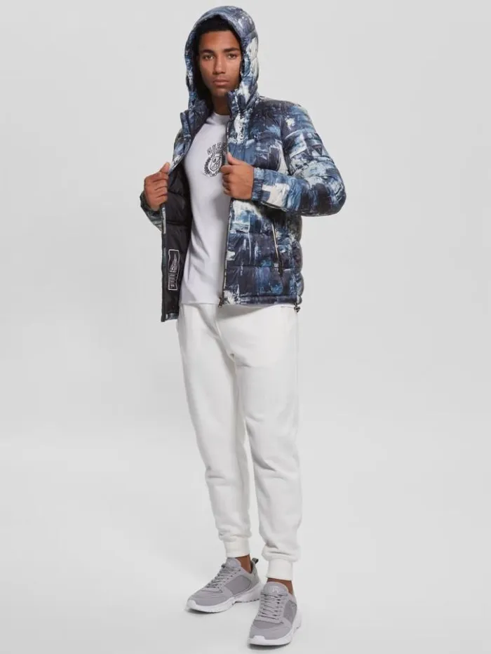 Men GUESS Jackets and Coats Eco UltraLightweight Puffer Jacket Blue Paint Aop Print Men GUESS Jackets and Coats Eco UltraLightweight Puffer Jacket Blue Paint Aop Print