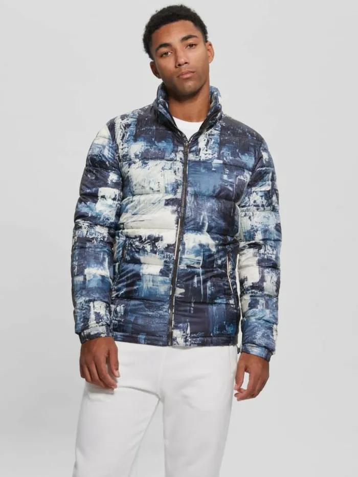 Men GUESS Jackets and Coats Eco UltraLightweight Puffer Jacket Blue Paint Aop Print Men GUESS Jackets and Coats Eco UltraLightweight Puffer Jacket Blue Paint Aop Print
