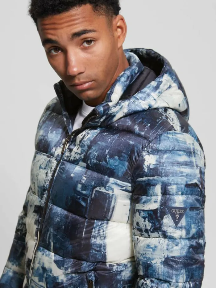 Men GUESS Jackets and Coats Eco UltraLightweight Puffer Jacket Blue Paint Aop Print Men GUESS Jackets and Coats Eco UltraLightweight Puffer Jacket Blue Paint Aop Print