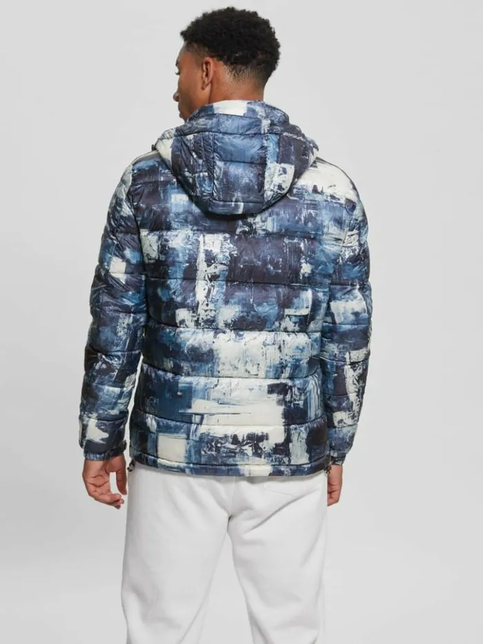 Men GUESS Jackets and Coats Eco UltraLightweight Puffer Jacket Blue Paint Aop Print Men GUESS Jackets and Coats Eco UltraLightweight Puffer Jacket Blue Paint Aop Print