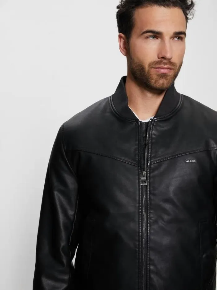 Men GUESS Jackets and Coats FauxLeather Aviator Jacket Black