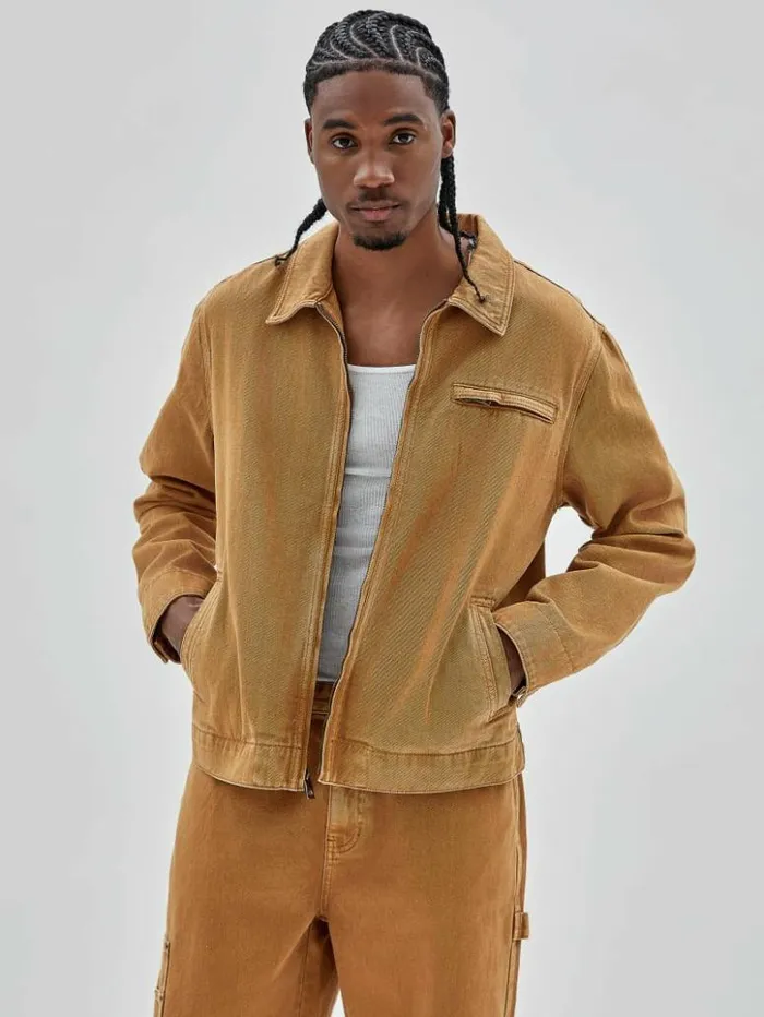 Men GUESS Jackets and Coats GUESS Originals Aged Denim Work Jacket Go Vintage Tan Wash Men GUESS Jackets and Coats GUESS Originals Aged Denim Work Jacket Go Vintage Tan Wash