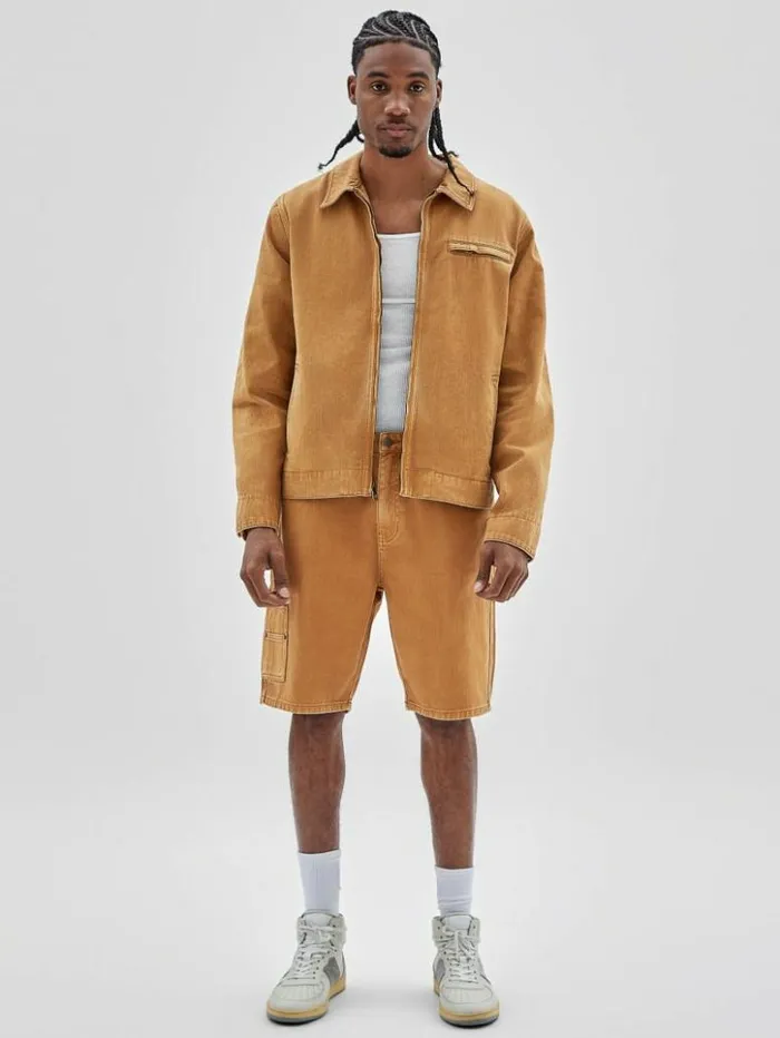 Men GUESS Jackets and Coats GUESS Originals Aged Denim Work Jacket Go Vintage Tan Wash Men GUESS Jackets and Coats GUESS Originals Aged Denim Work Jacket Go Vintage Tan Wash