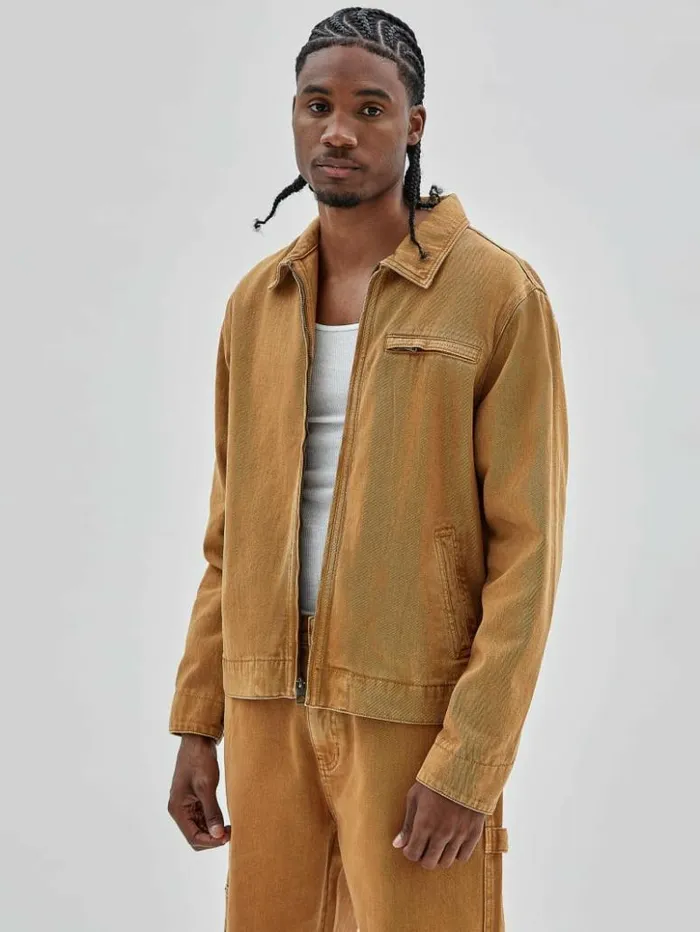 Men GUESS Jackets and Coats GUESS Originals Aged Denim Work Jacket Go Vintage Tan Wash Men GUESS Jackets and Coats GUESS Originals Aged Denim Work Jacket Go Vintage Tan Wash