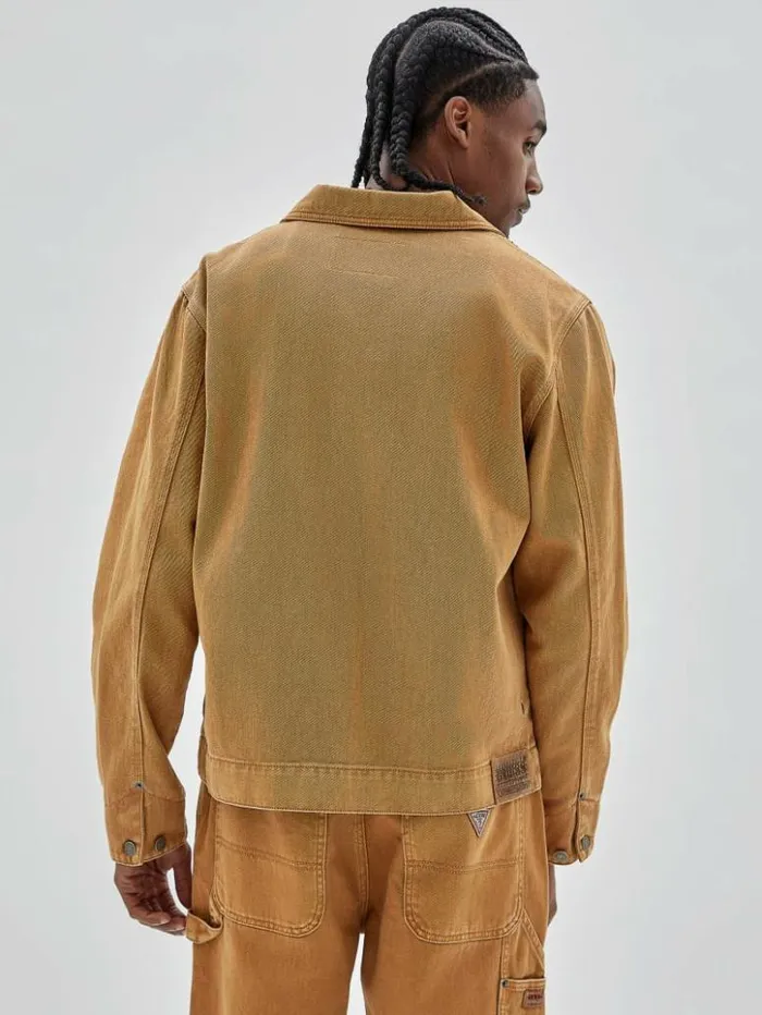 Men GUESS Jackets and Coats GUESS Originals Aged Denim Work Jacket Go Vintage Tan Wash Men GUESS Jackets and Coats GUESS Originals Aged Denim Work Jacket Go Vintage Tan Wash