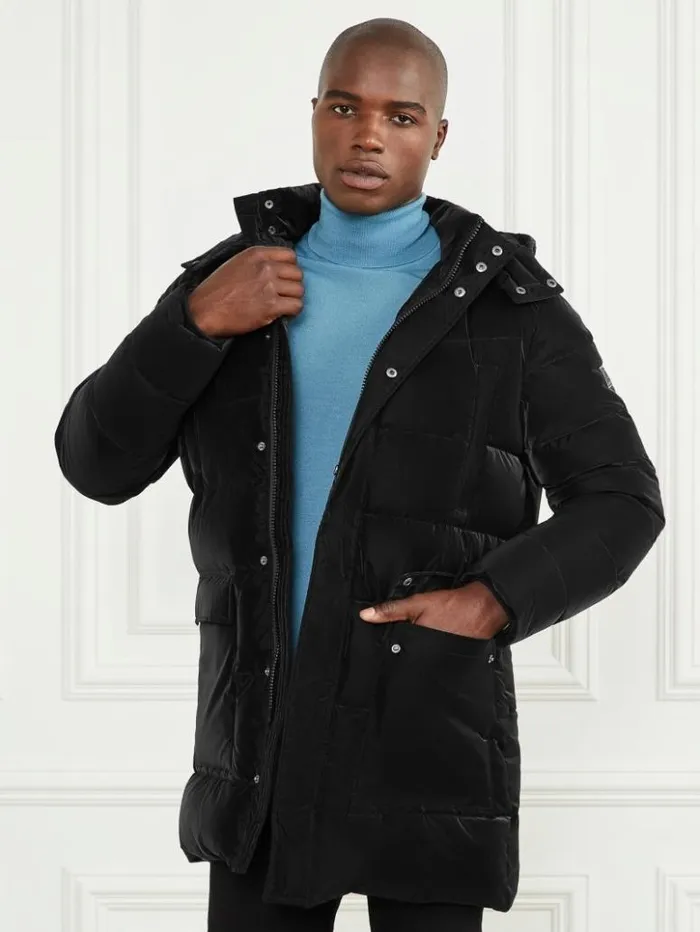 Men GUESS Jackets and Coats Long Down Hooded Jacket Black
