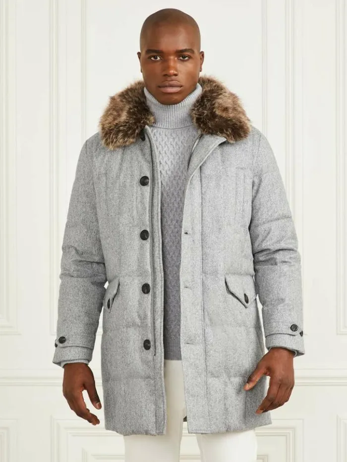 Men GUESS Jackets and Coats Long Twill Jacket Grey Herringbone Melange