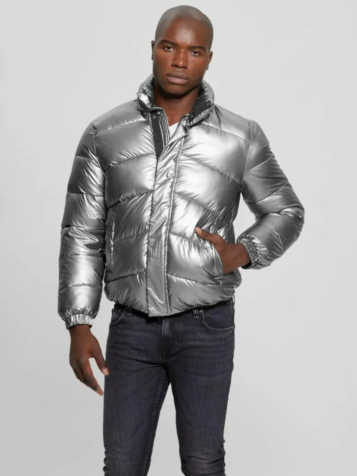 Men GUESS Jackets and Coats Lunar Puffer Jacket Silver Shine Multi