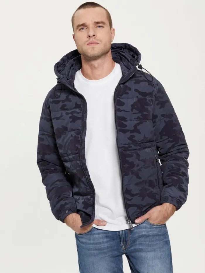 Men GUESS Jackets and Coats Paisley Camouflage Puffer Jacket Blue Camou Bandana Men GUESS Jackets and Coats Paisley Camouflage Puffer Jacket Blue Camou Bandana