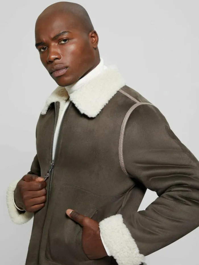 Men GUESS Jackets and Coats Redford Bonded Sherpa Jacket Bittersweet Cocoa
