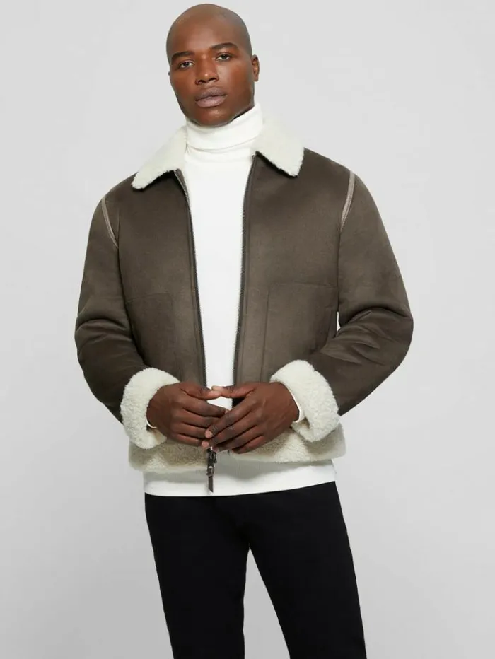 Men GUESS Jackets and Coats Redford Bonded Sherpa Jacket Bittersweet Cocoa