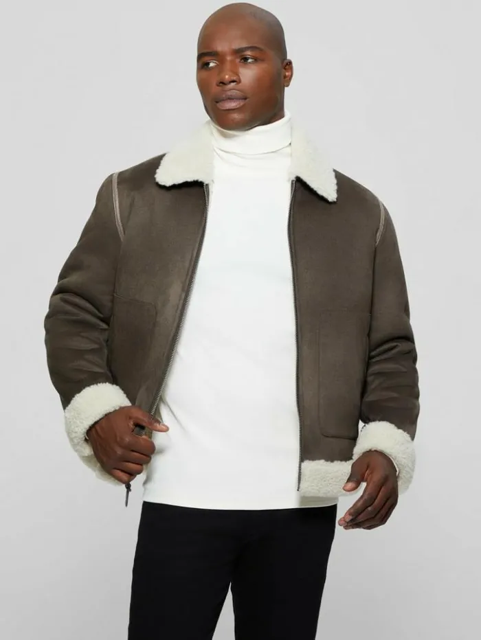 Men GUESS Jackets and Coats Redford Bonded Sherpa Jacket Bittersweet Cocoa