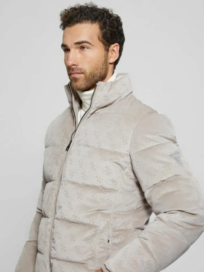 Men GUESS Jackets and Coats Signature Puffer Jacket Pasadena Stone 4g Logo