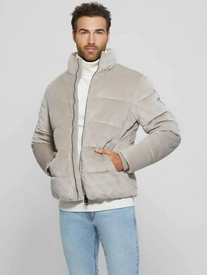 Men GUESS Jackets and Coats Signature Puffer Jacket Pasadena Stone 4g Logo