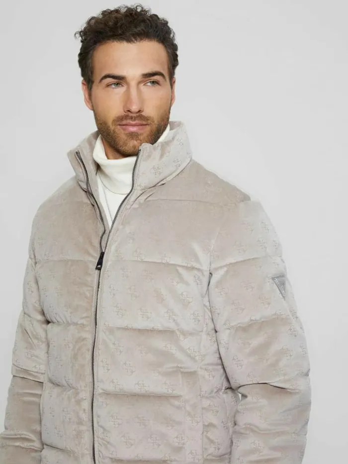 Men GUESS Jackets and Coats Signature Puffer Jacket Pasadena Stone 4g Logo