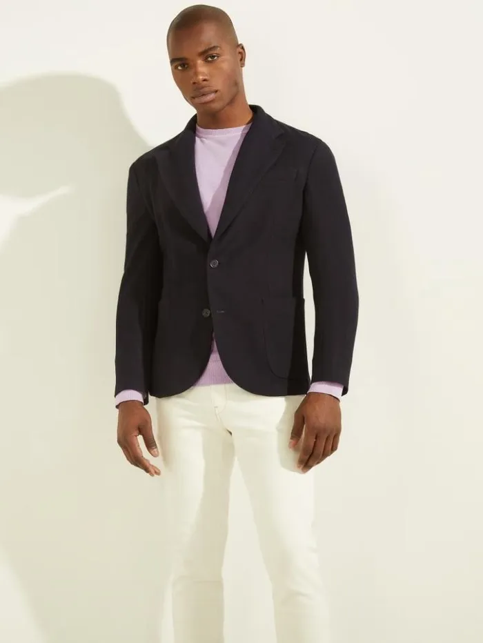 Men GUESS Jackets and Coats Slim Patch Pocketed Blazer Silk Blue