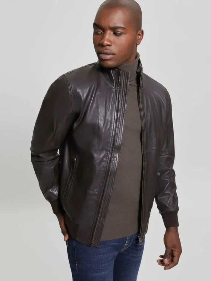 Men GUESS Jackets and Coats Soft Leather Jacket Bark Brown