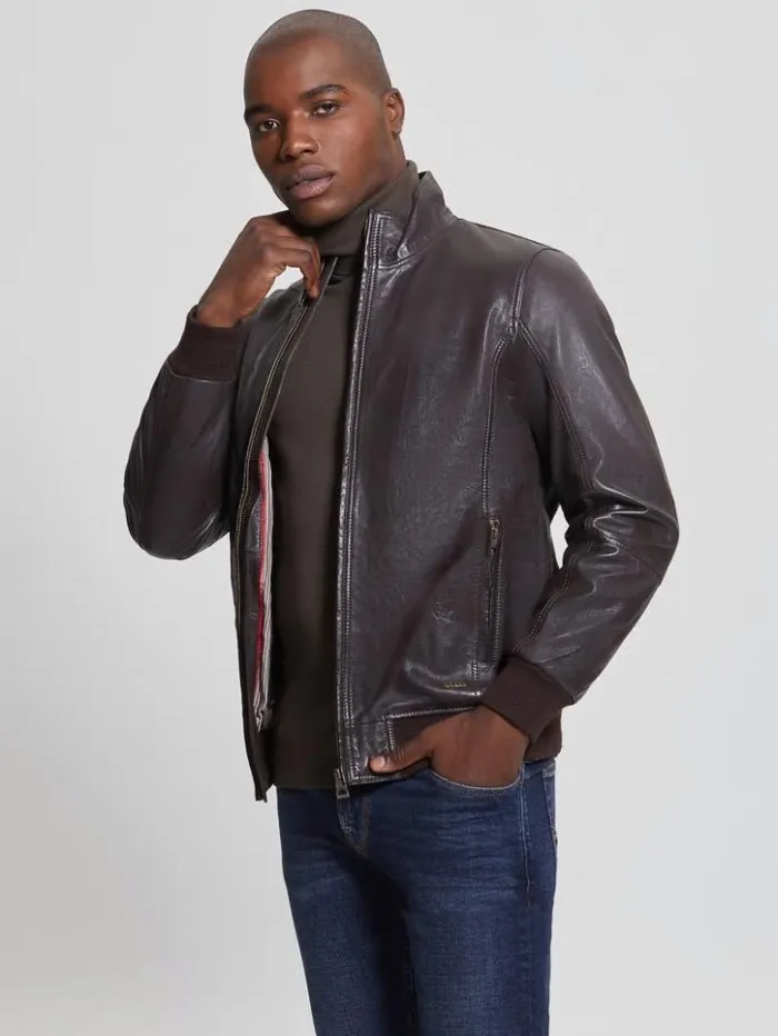 Men GUESS Jackets and Coats Soft Leather Jacket Bark Brown