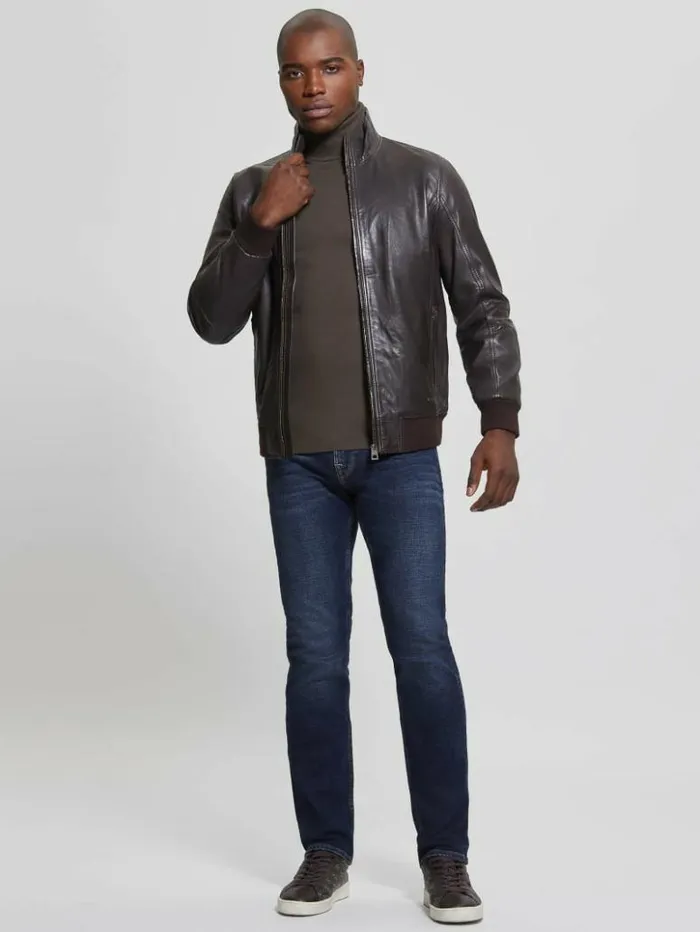 Men GUESS Jackets and Coats Soft Leather Jacket Bark Brown