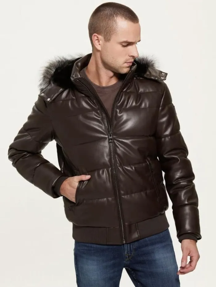 Men GUESS Jackets and Coats Stretch FauxLeather Puffer Jacket Bark Brown