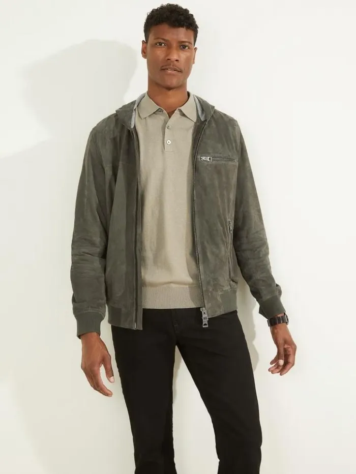 Men GUESS Jackets and Coats Suede Flight Jacket Hunter Green