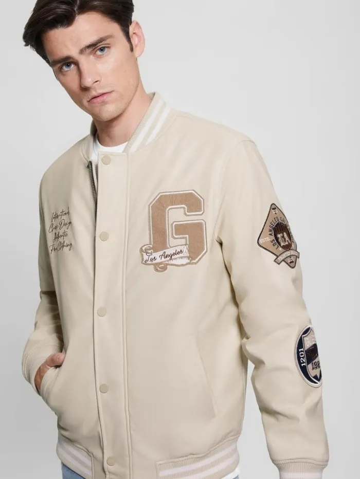 Men GUESS Jackets and Coats Varsity FauxLeather Flight Jacket Quicksand