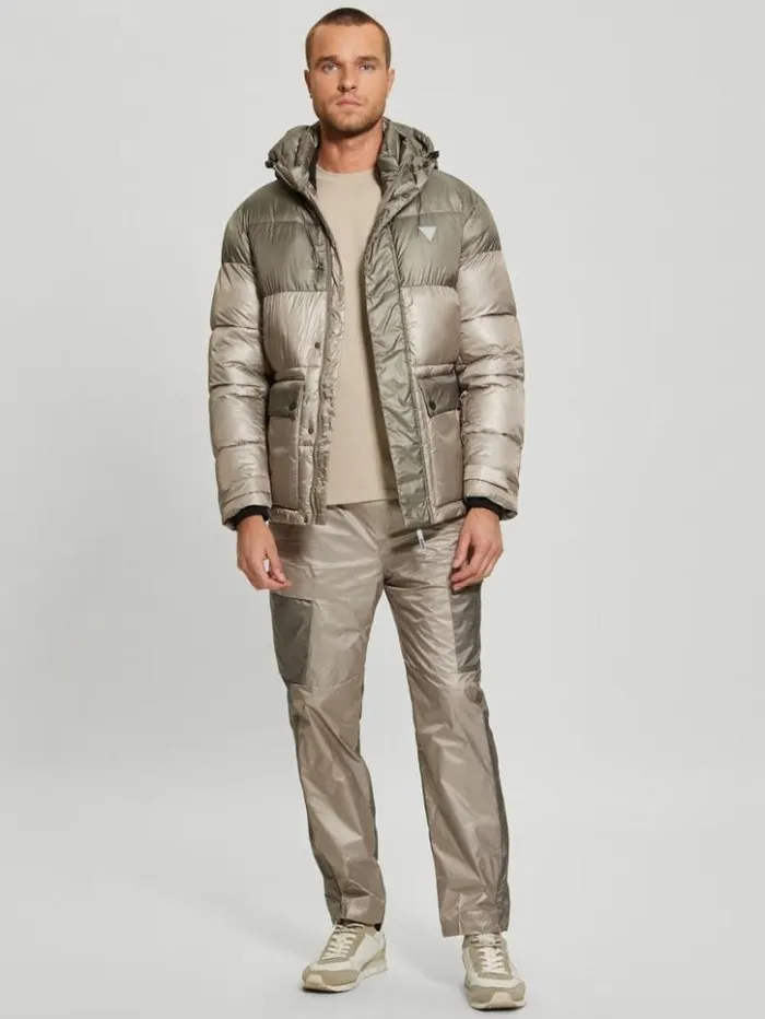 Men GUESS Jackets and Coats Wilfred Hooded Long Puffer Jacket Pasadena With Green Block