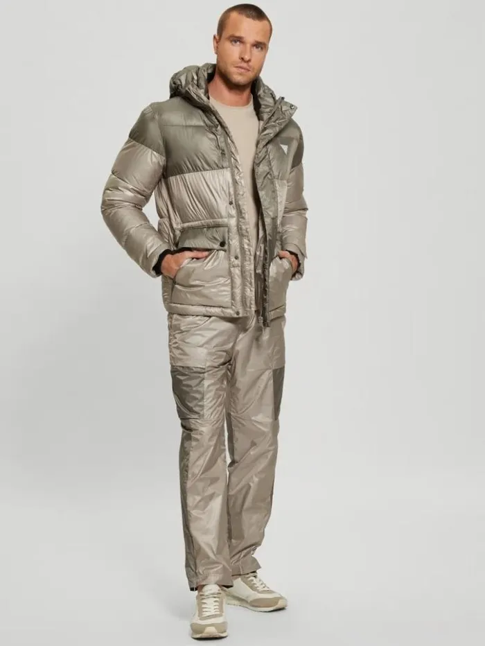 Men GUESS Jackets and Coats Wilfred Hooded Long Puffer Jacket Pasadena With Green Block Men GUESS Jackets and Coats Wilfred Hooded Long Puffer Jacket Pasadena With Green Block