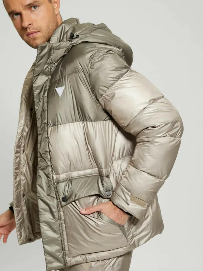 Men GUESS Jackets and Coats Wilfred Hooded Long Puffer Jacket Pasadena With Green Block Men GUESS Jackets and Coats Wilfred Hooded Long Puffer Jacket Pasadena With Green Block