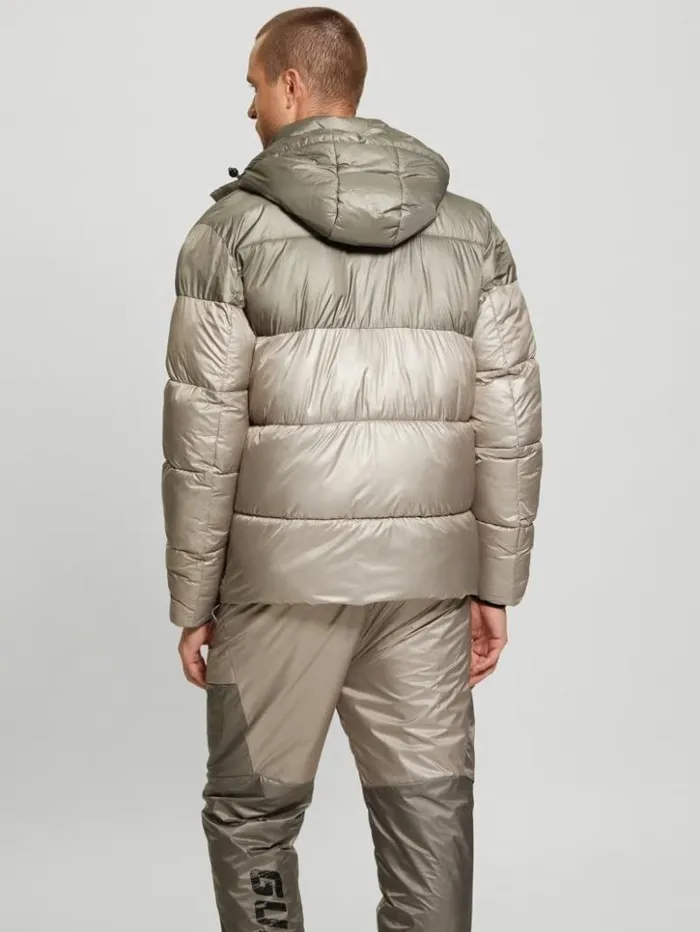 Men GUESS Jackets and Coats Wilfred Hooded Long Puffer Jacket Pasadena With Green Block Men GUESS Jackets and Coats Wilfred Hooded Long Puffer Jacket Pasadena With Green Block