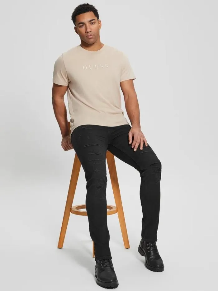 Men GUESS Jeans and Denim Destroyed Tapered Jeans Thermo Black Destroy