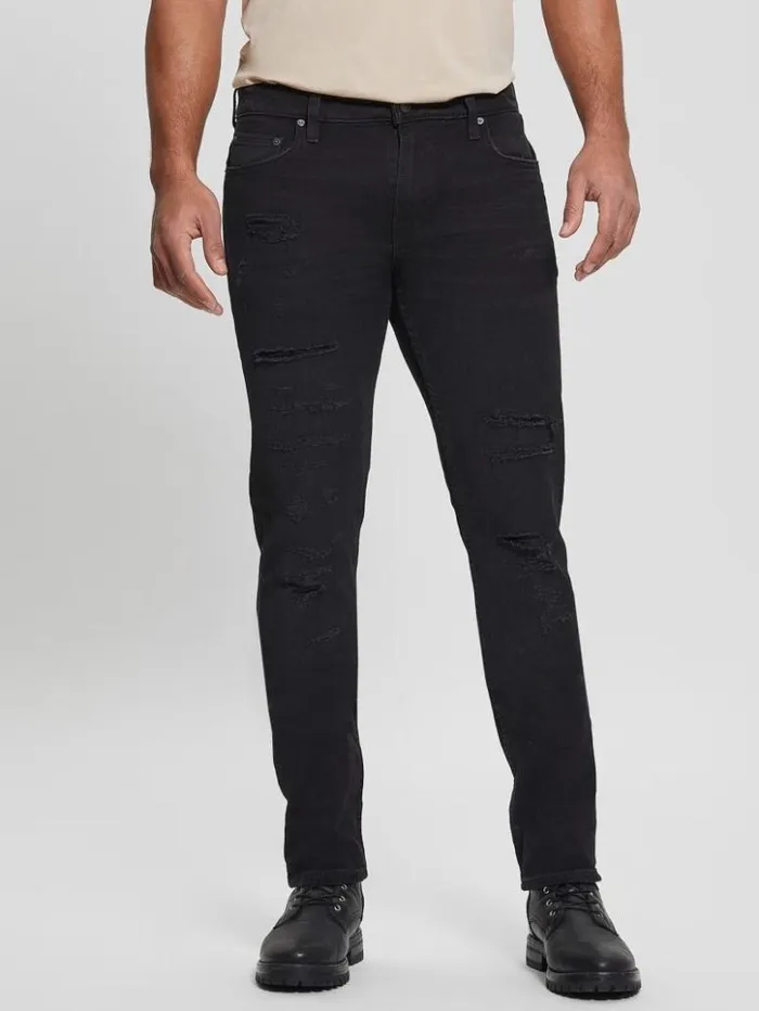 Men GUESS Jeans and Denim Destroyed Tapered Jeans Thermo Black Destroy