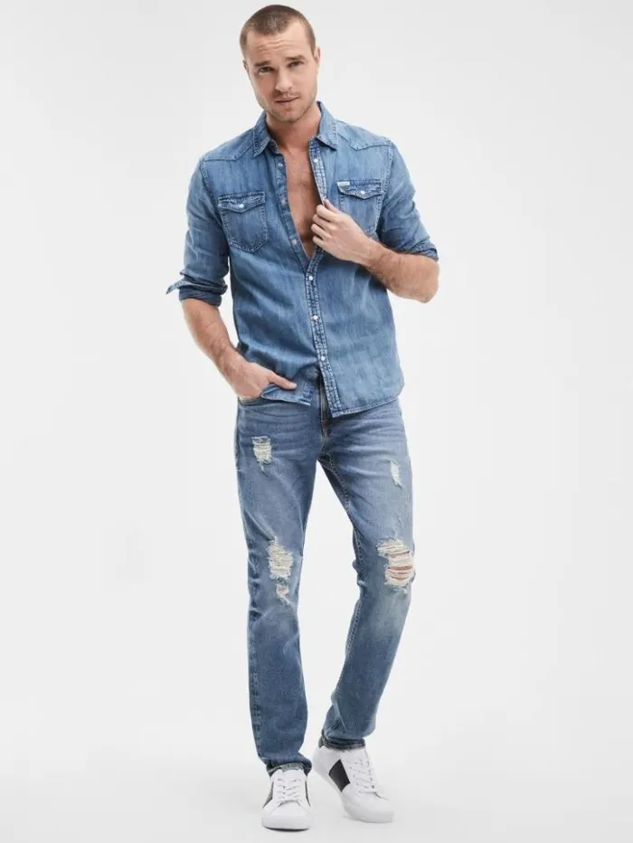Men GUESS Jeans and Denim Distressed Tapered Jeans Light Tide Wash
