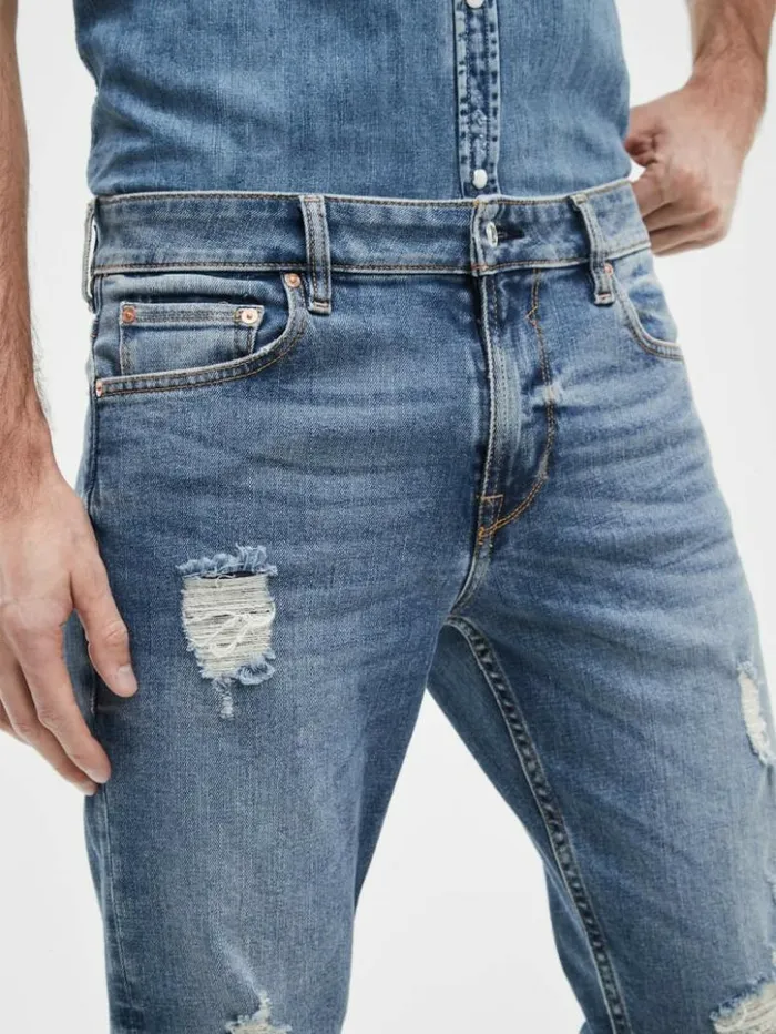 Men GUESS Jeans and Denim Distressed Tapered Jeans Light Tide Wash