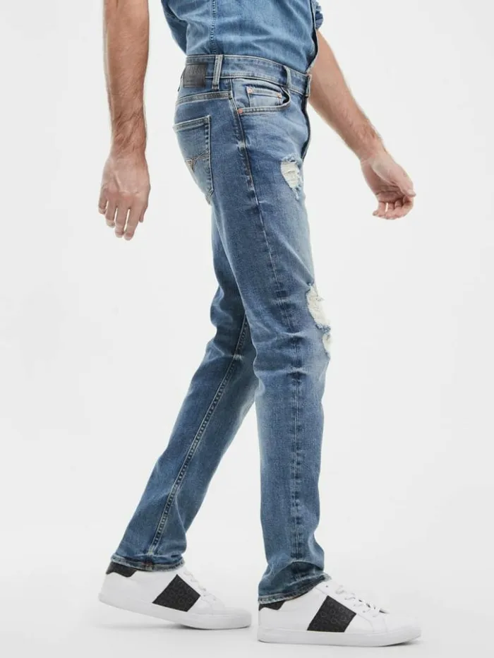 Men GUESS Jeans and Denim Distressed Tapered Jeans Light Tide Wash