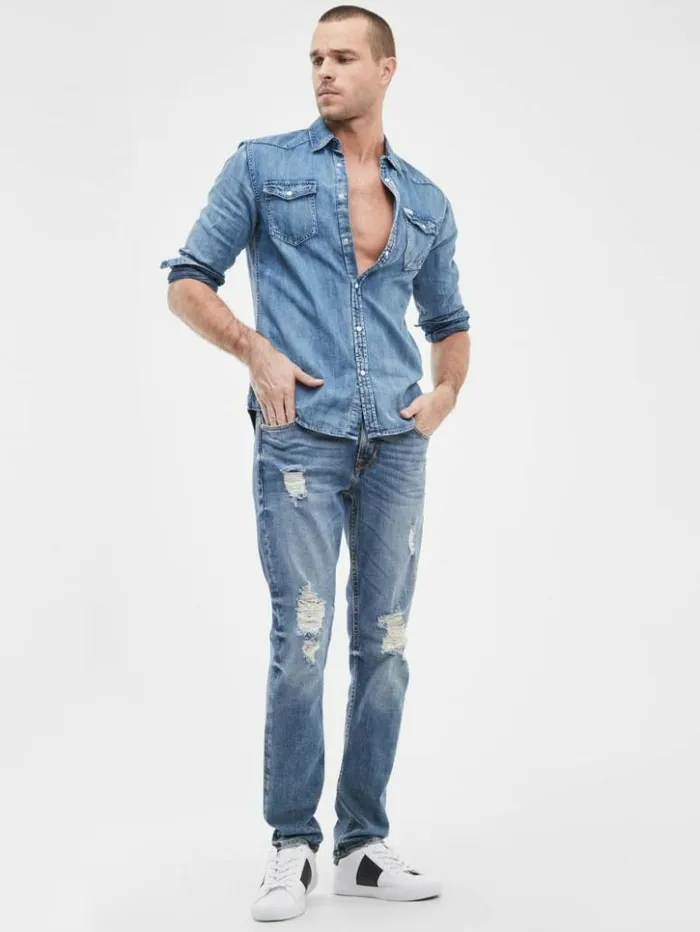 Men GUESS Jeans and Denim Distressed Tapered Jeans Light Tide Wash