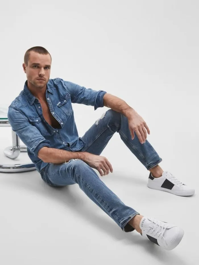 Men GUESS Jeans and Denim Distressed Tapered Jeans Light Tide Wash