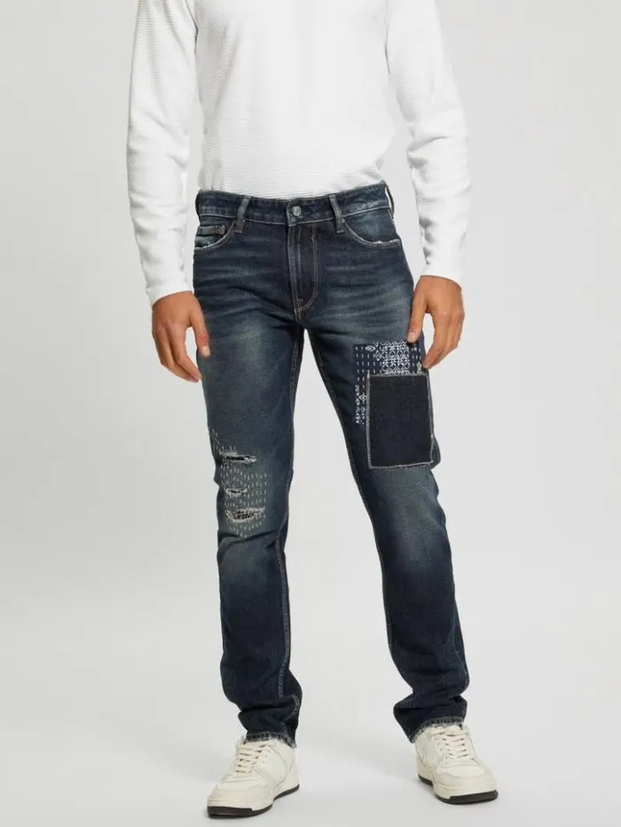 Men GUESS Jeans and Denim Eco Slim Distressed Tapered Pants Western Blue