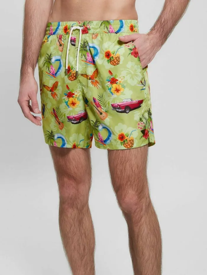 Men GUESS Pants and Shorts Eco Hawaii Woven Swim Trunks Hawaii Print