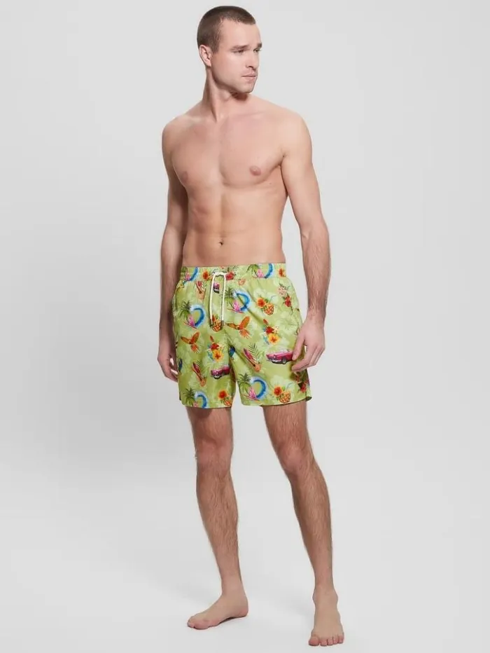 Men GUESS Pants and Shorts Eco Hawaii Woven Swim Trunks Hawaii Print