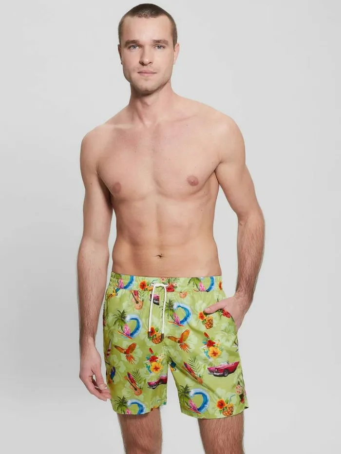 Men GUESS Pants and Shorts Eco Hawaii Woven Swim Trunks Hawaii Print