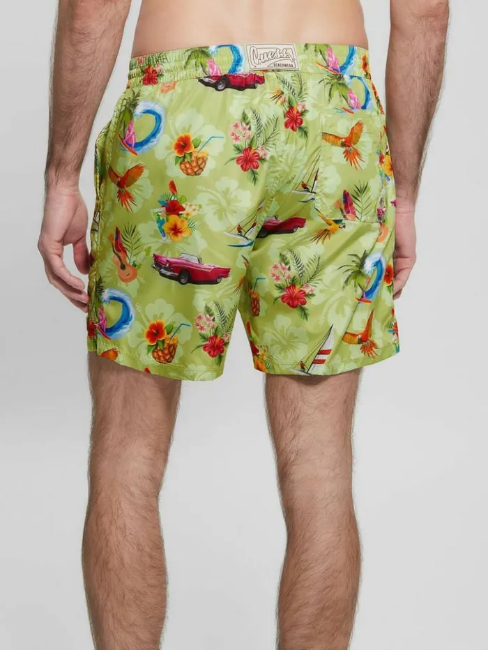Men GUESS Pants and Shorts Eco Hawaii Woven Swim Trunks Hawaii Print