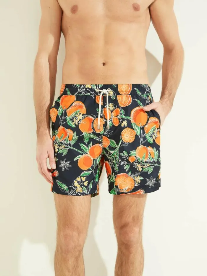 Men GUESS Pants and Shorts Fruit Woven Swim Trunks Orange Trees
