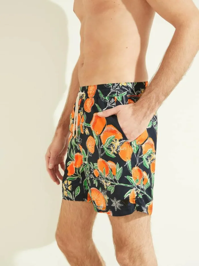 Men GUESS Pants and Shorts Fruit Woven Swim Trunks Orange Trees