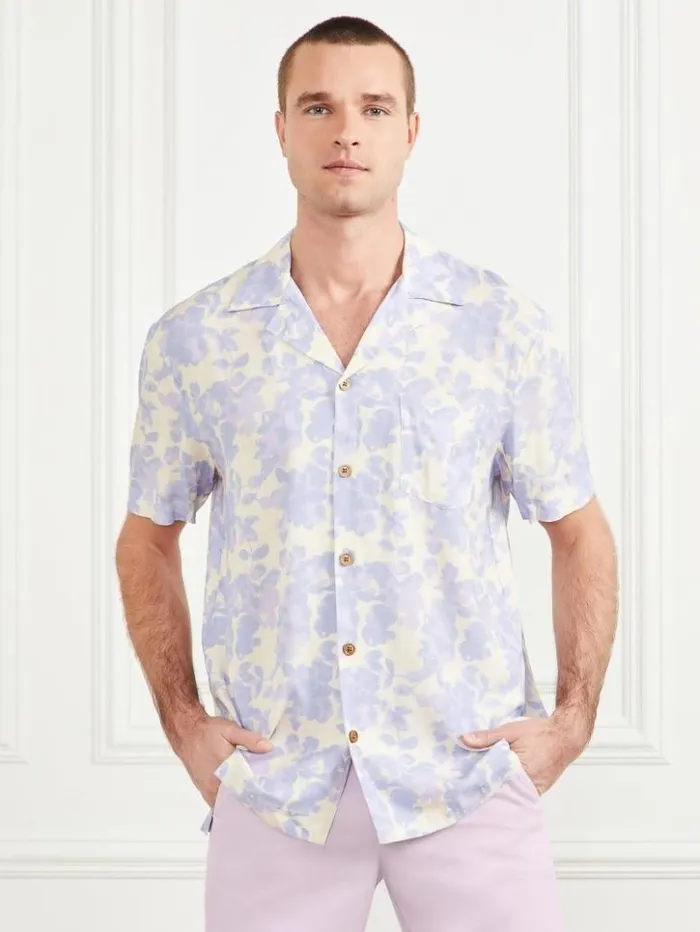 Men GUESS Shirts Bowling Shirt Lilac Cloudy Flower Print