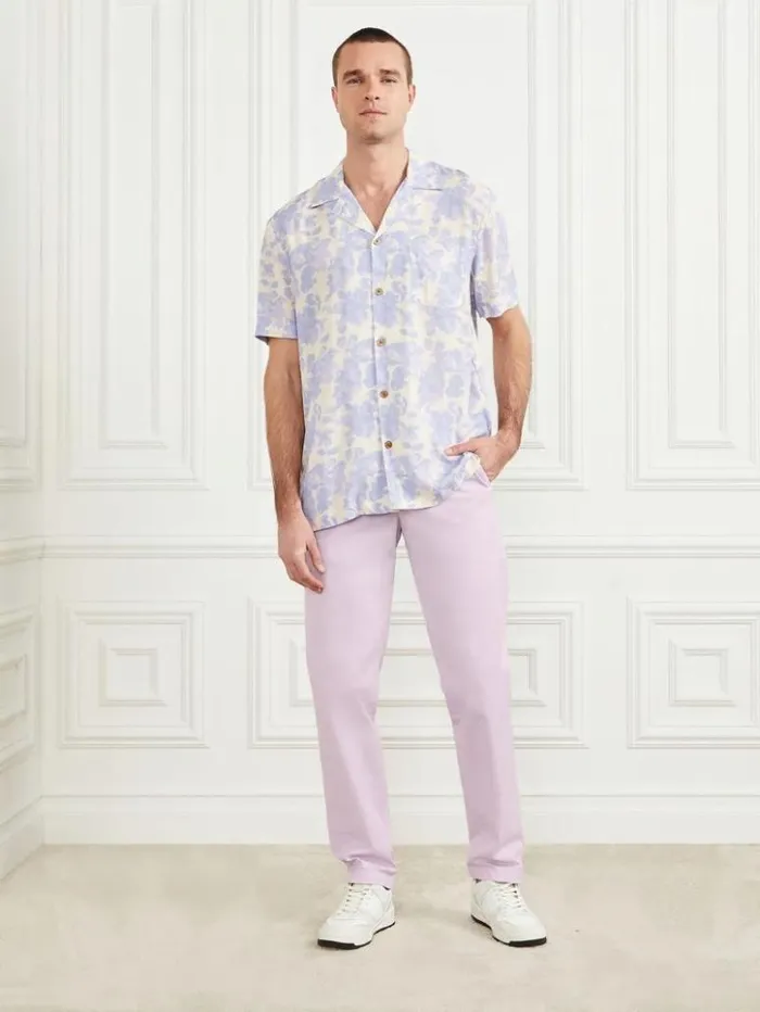Men GUESS Shirts Bowling Shirt Lilac Cloudy Flower Print
