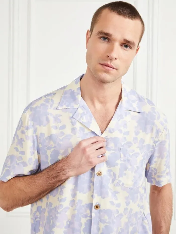 Men GUESS Shirts Bowling Shirt Lilac Cloudy Flower Print